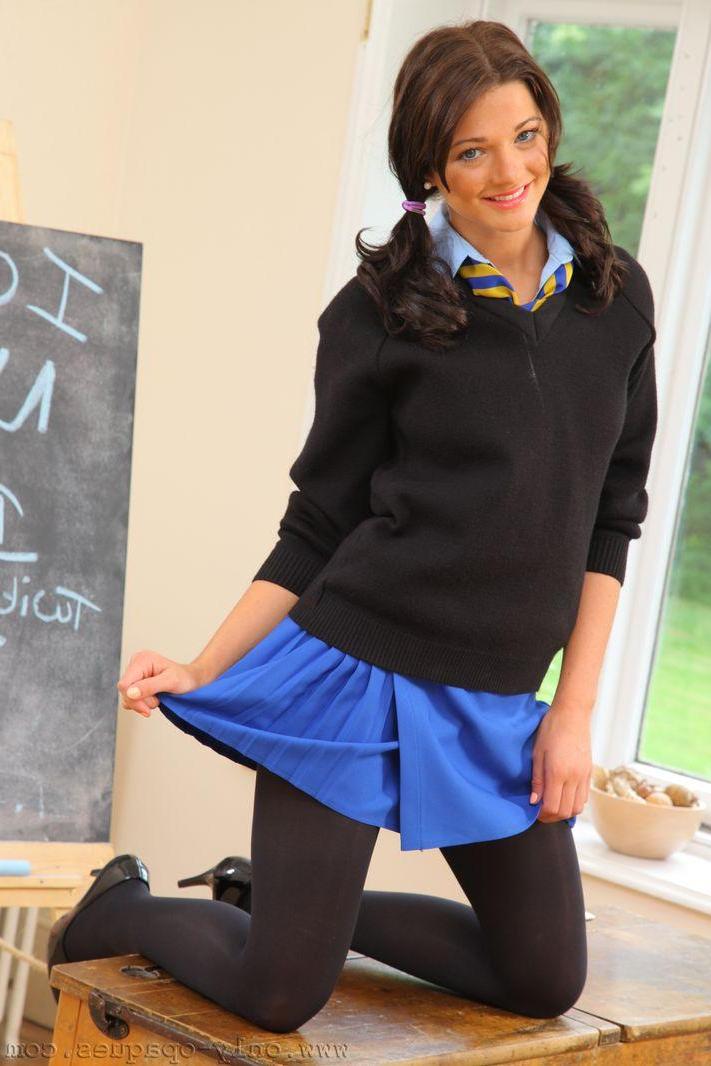 15P Hot college girl Nickie Ann strips in black opaque pantyhose