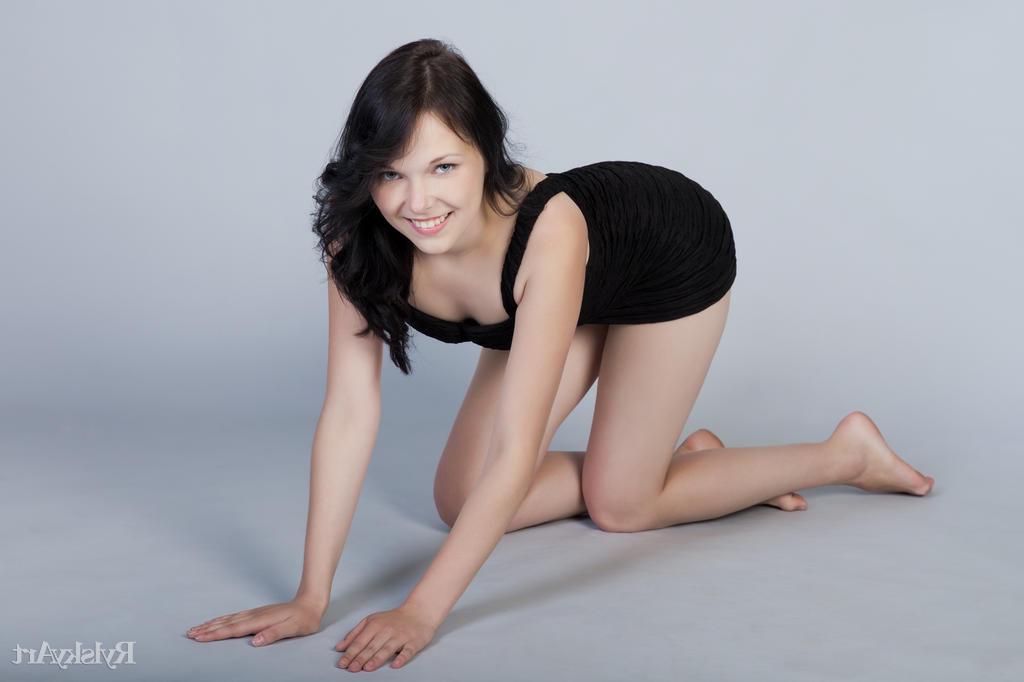 16P Stunning brunette teen Yvonne strips out of her black dress for you