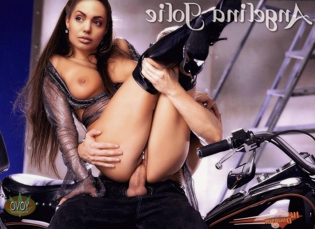 15P Angelina Jolie riding a cock while giving two guys a handjob
