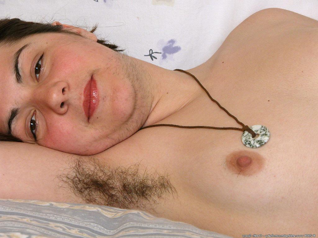 15P hairy girl shows off her pussy pie and perky tits