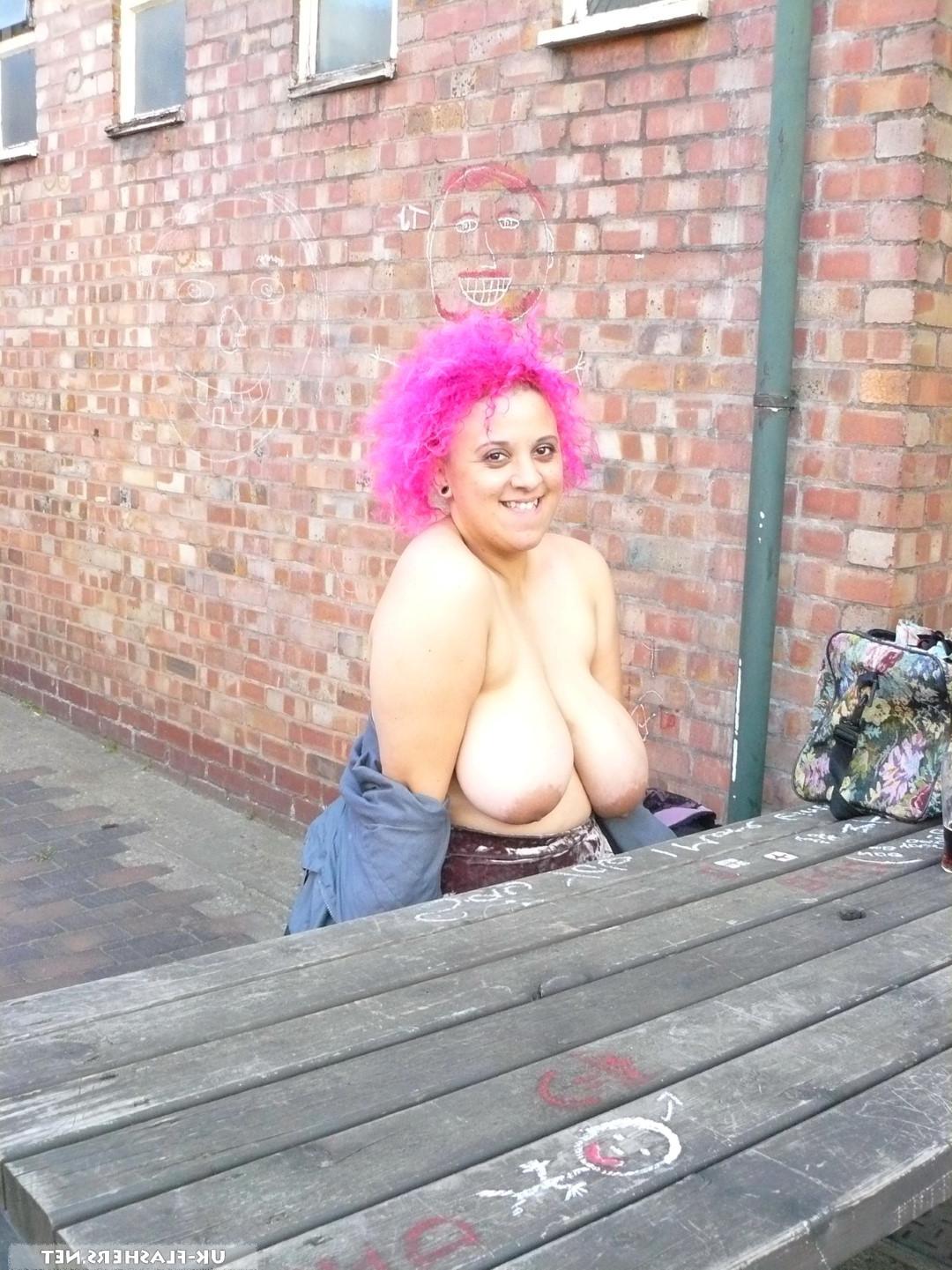 16P Amateur BBW Roxy on a day out flashes her huge boobs for the cam