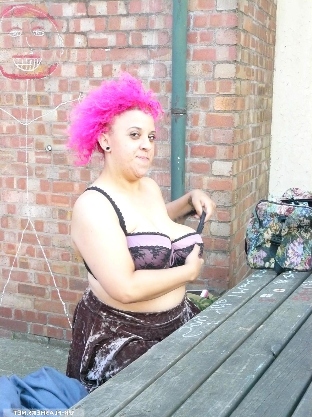 16P Amateur BBW Roxy on a day out flashes her huge boobs for the cam