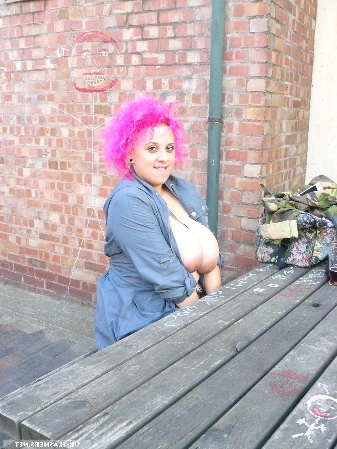 16P Amateur BBW Roxy on a day out flashes her huge boobs for the cam