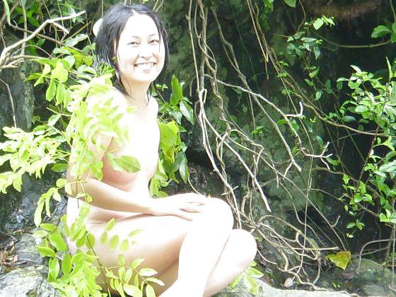 6P Asian girls at waterfall.
