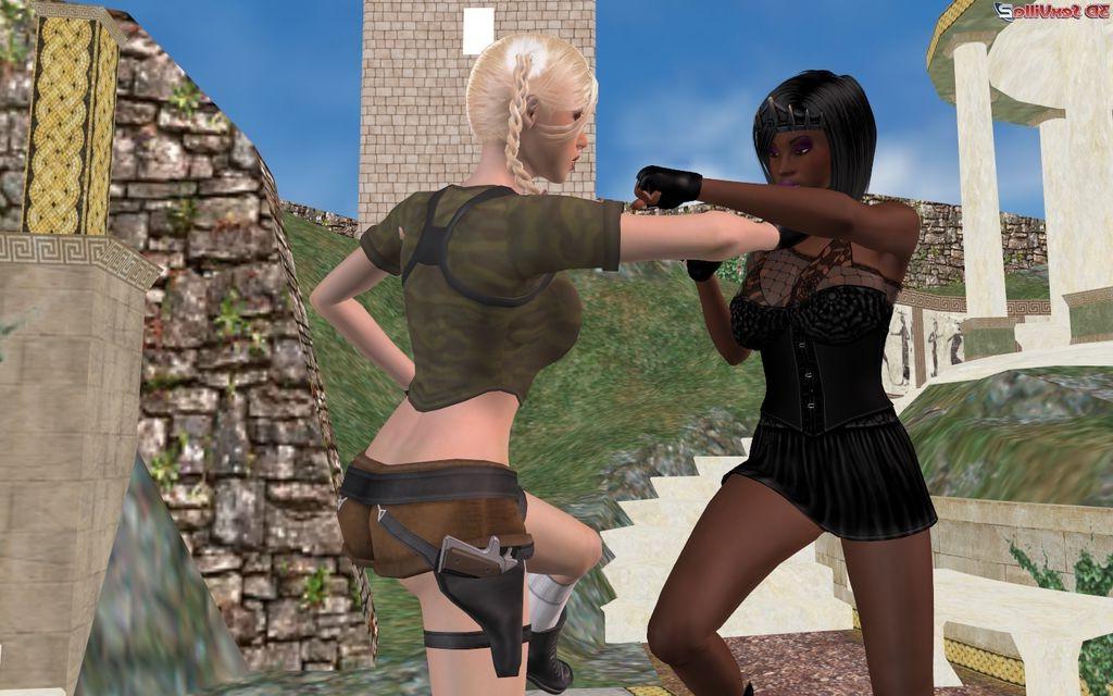 16P Two 3d animated black and white babes fighting