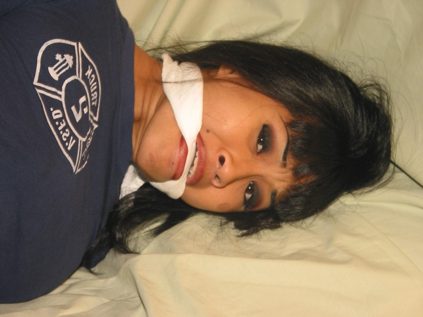 16P Foot fetish and clothed hogtied bondage of gagged oriental amateur babe