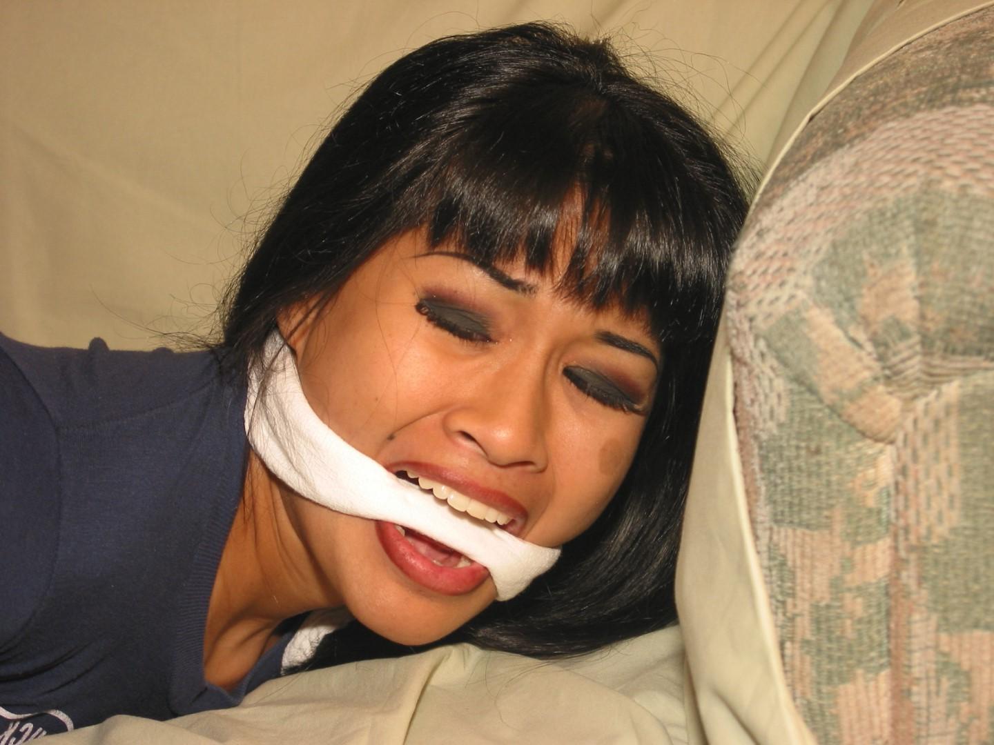 16P Foot fetish and clothed hogtied bondage of gagged oriental amateur babe