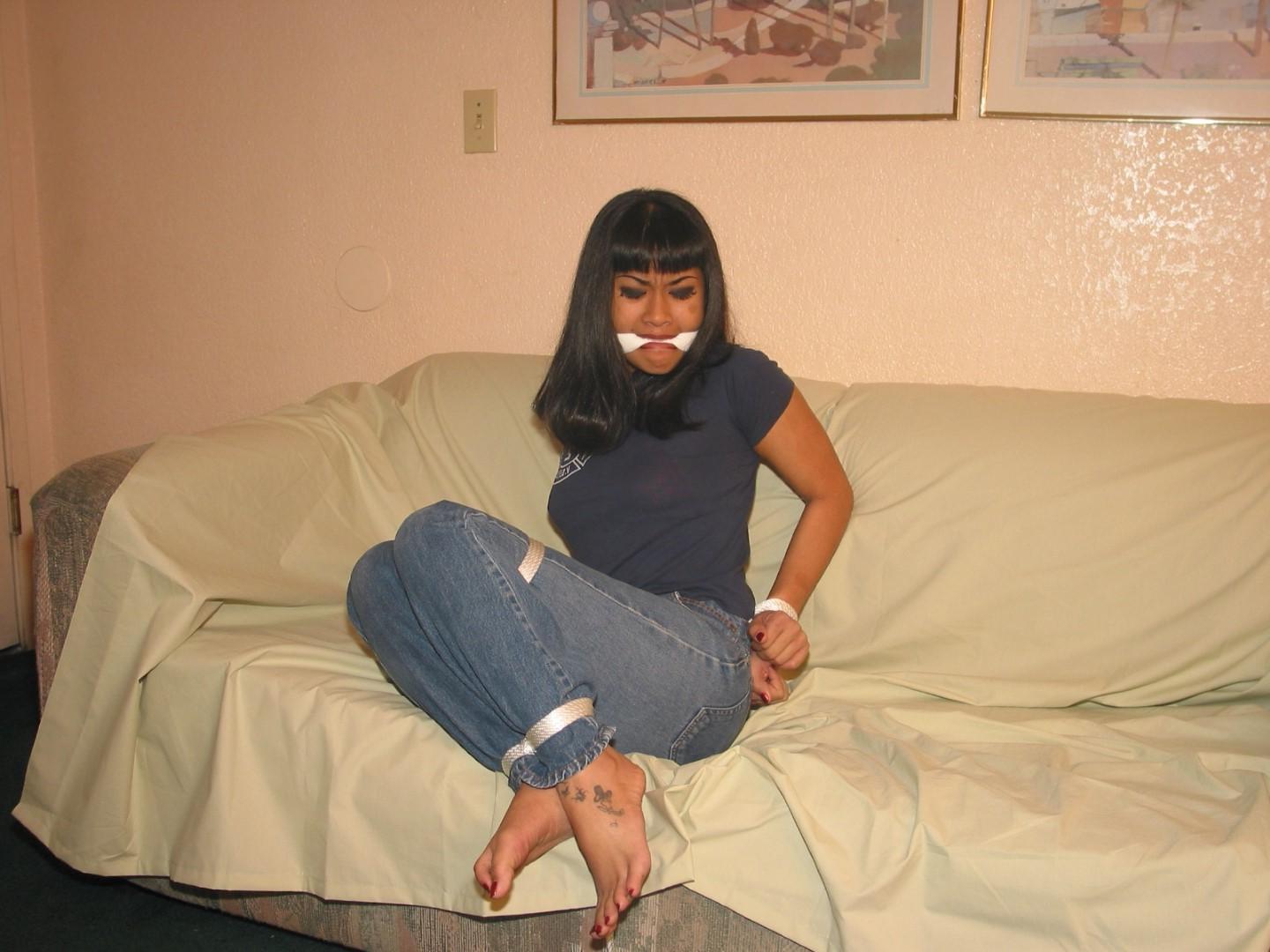 16P Foot fetish and clothed hogtied bondage of gagged oriental amateur babe