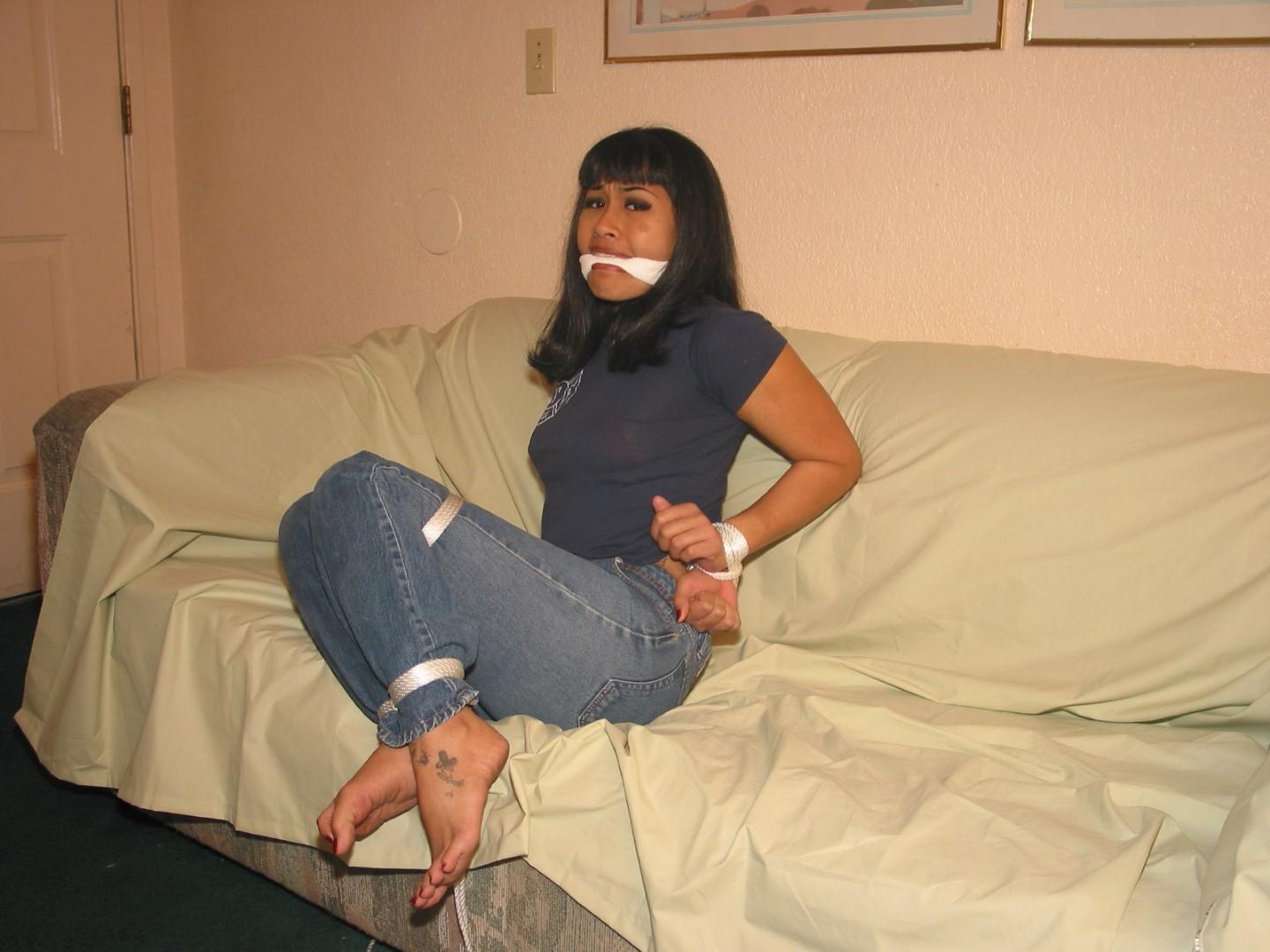 16P Foot fetish and clothed hogtied bondage of gagged oriental amateur babe