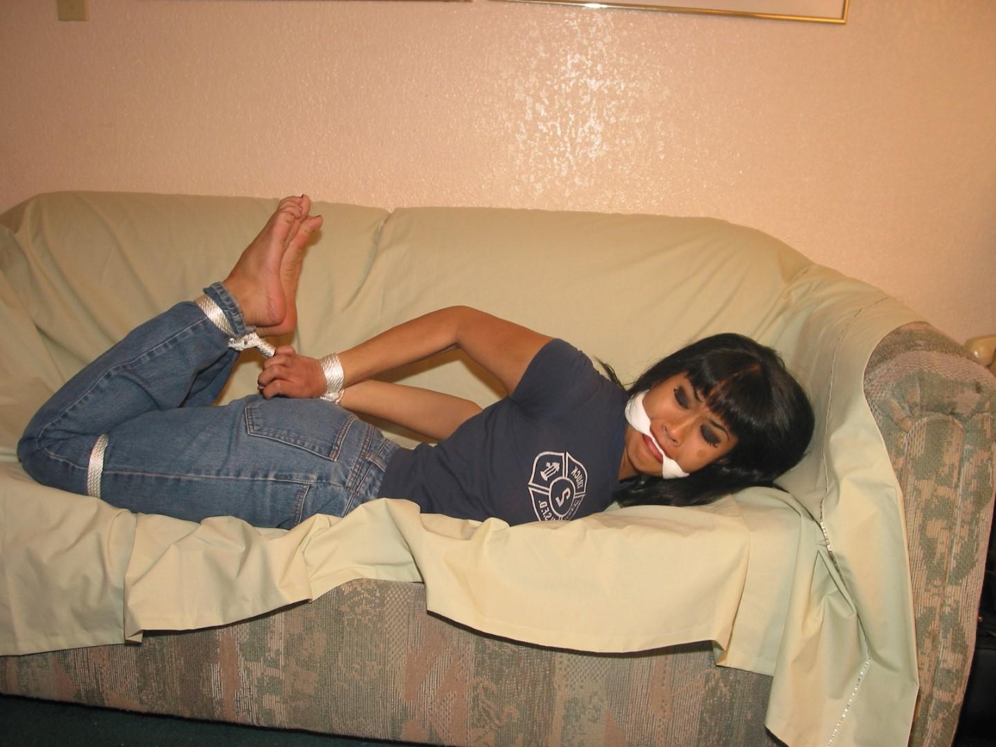 16P Foot fetish and clothed hogtied bondage of gagged oriental amateur babe