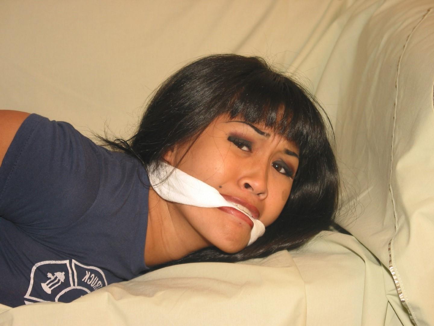 16P Foot fetish and clothed hogtied bondage of gagged oriental amateur babe