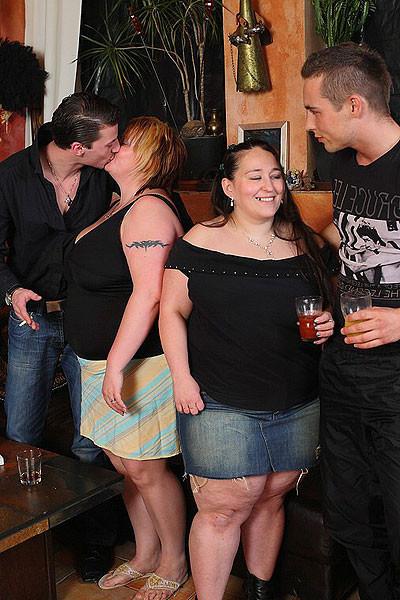12P BBW babes get together with the guys at a pub and they have an orgy with great o
