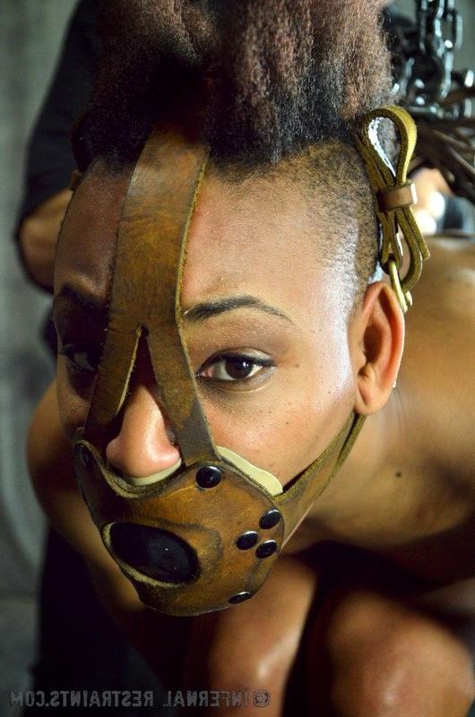 16P Nikki Darling Ebony wird in Lederriemen gefesselt und vibriert