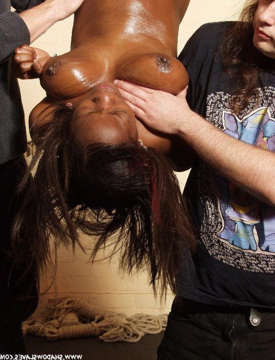 16P Ebony slavegirl Cookies suspension bondage and extreme hotwax tit torments by tw