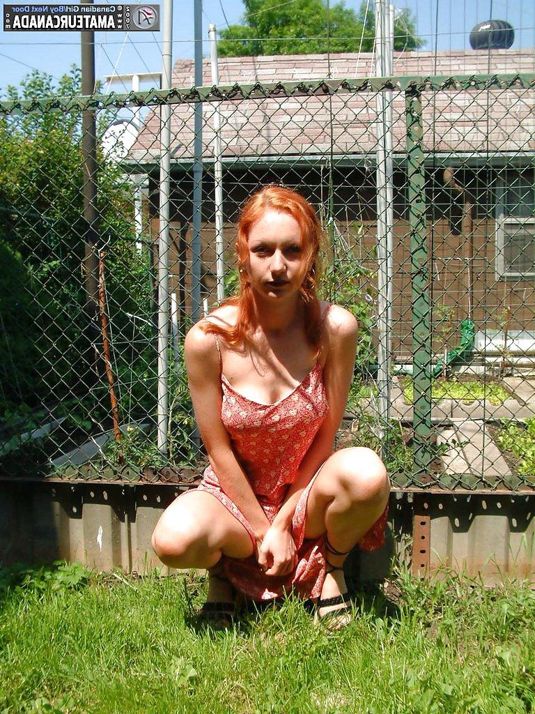 8P Upskirt redhead outdoors in white panties