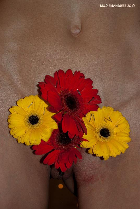 15P Queensnake inserts flowers up her vagina
