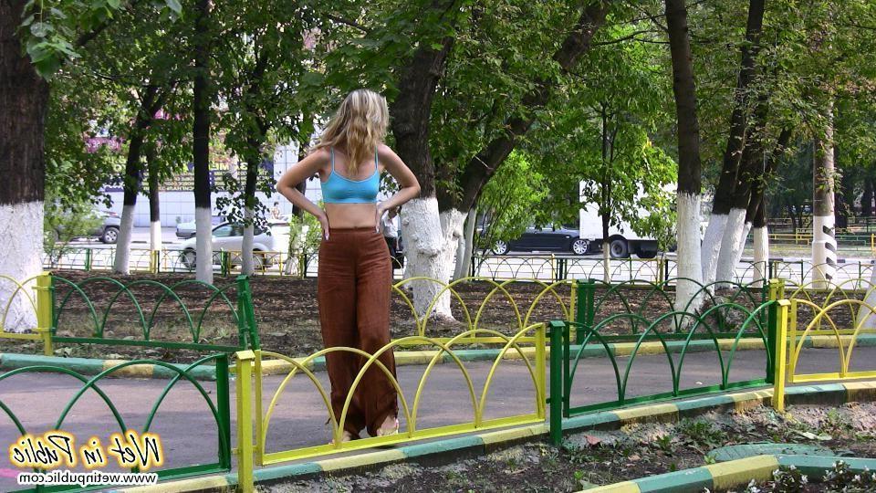 16P Blonde addicted to public pissing makes her pants all wet in a park
