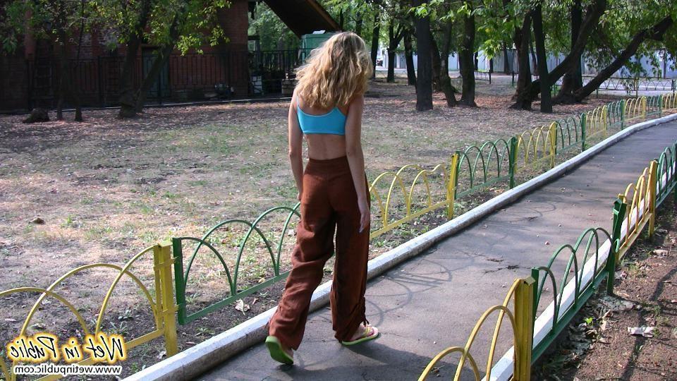 16P Blonde addicted to public pissing makes her pants all wet in a park