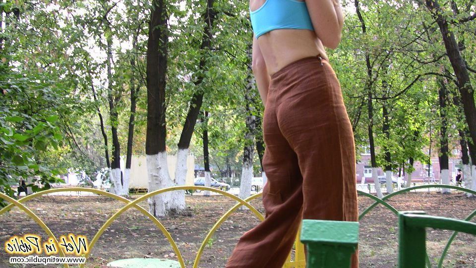 16P Blonde addicted to public pissing makes her pants all wet in a park
