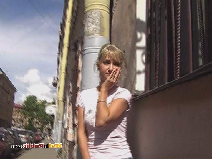 15P Tanned blondie in a jean mini learns more about public pissing shame