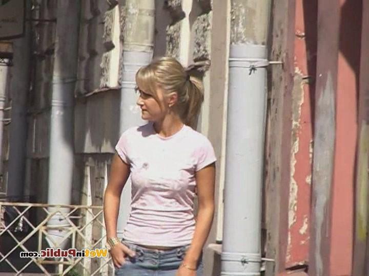 15P Tanned blondie in a jean mini learns more about public pissing shame