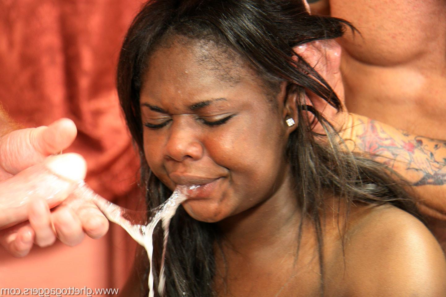 15P teenage black girl chokes gags and slurps down 5 white boys