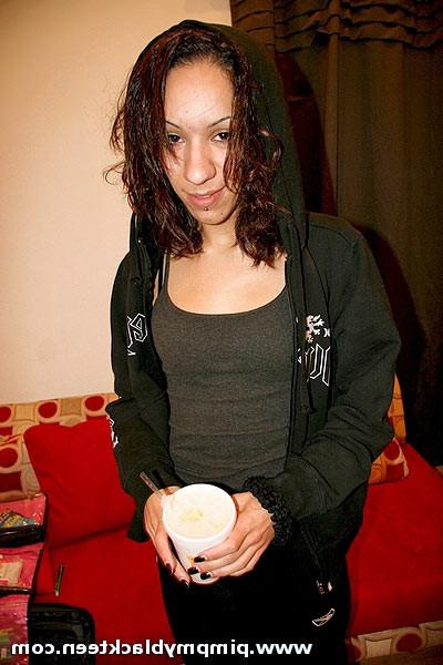 16P Thin ebony teen brunette jumps up and rides a hard black cock