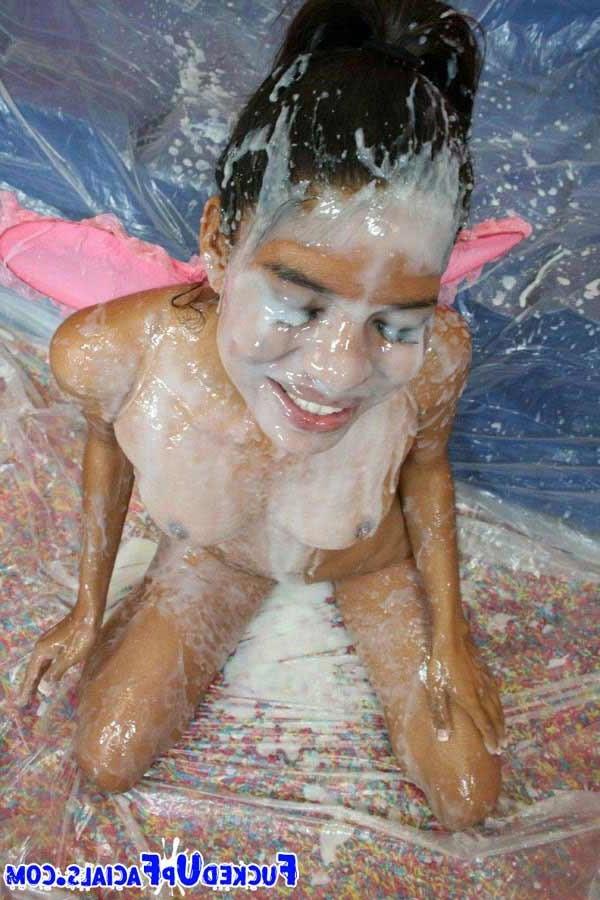 17P Brunette college babe on a massive bukkake orgy getting jizz
