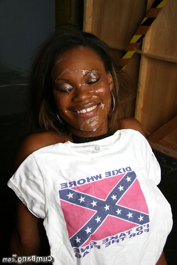 17P pretty ebony gets blowbanged and bukkaked in fishnet dress