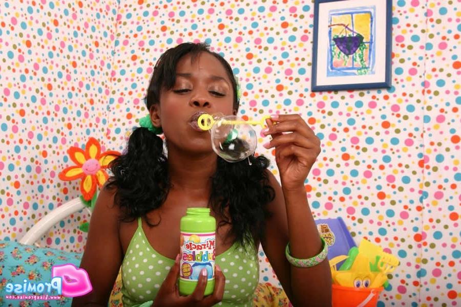 14P Ebony teen kiss promise blowing bubbles in her room