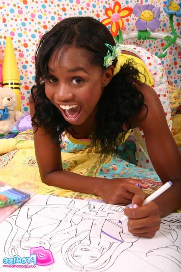 16P Cute ebony teen wakes up and strips on the bed