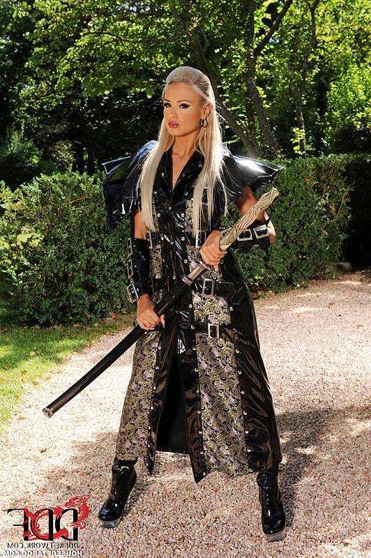 16P Ashley Bulgari latex blonde in high boots masturbates outdoors
