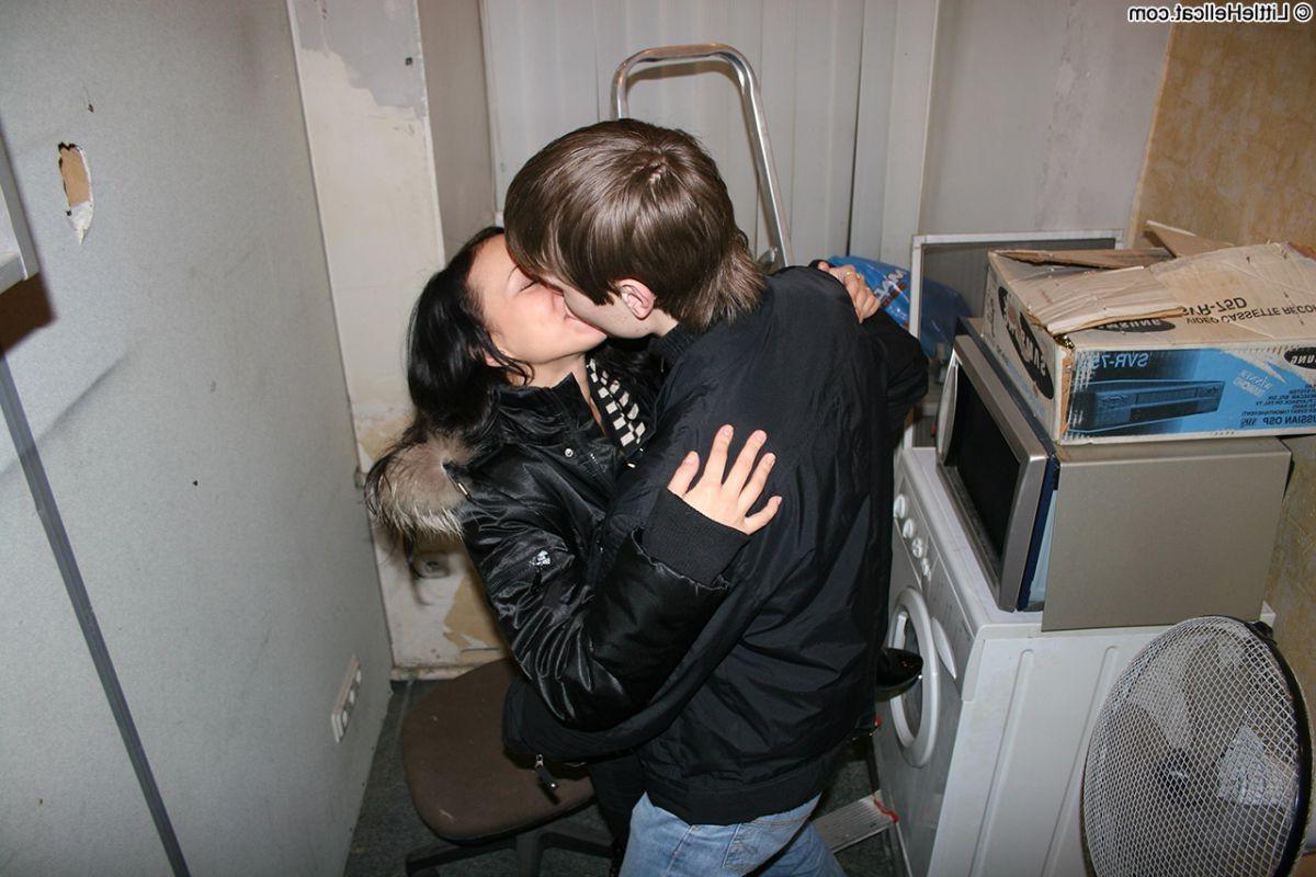 16P Petite teen brunette takes facial cumshot after hot sex in a public laundry room