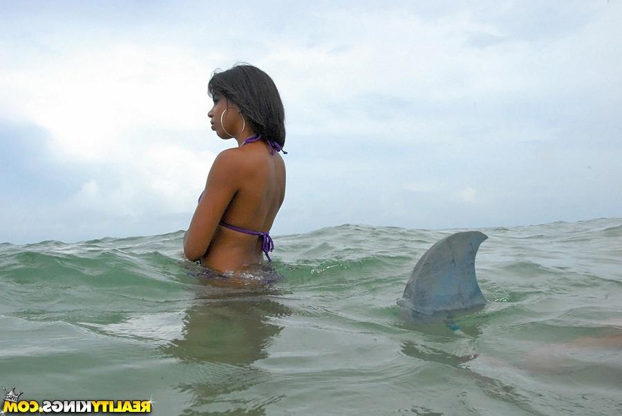 12P Hot latina gets attacked by a shark then pounded hard by the beach in these shar