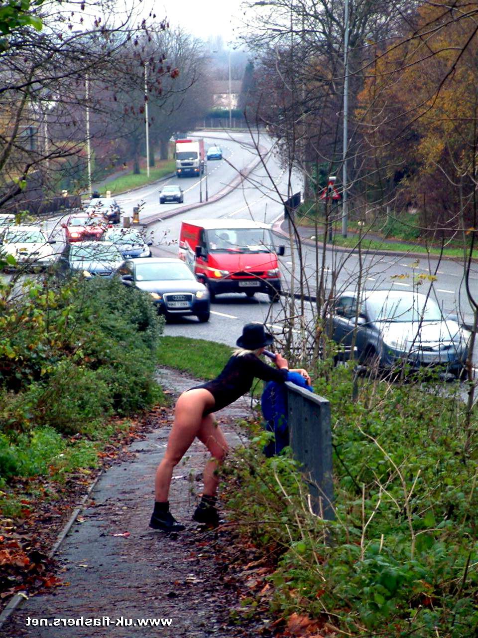 16P Teen blonde exhibitionist nude in public and flashing traffic with English colle