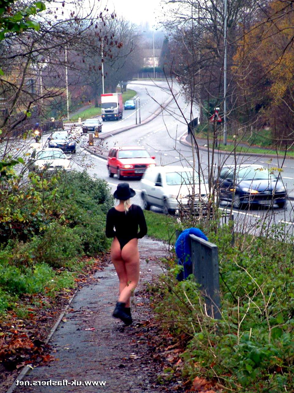 16P Teen blonde exhibitionist nude in public and flashing traffic with English colle