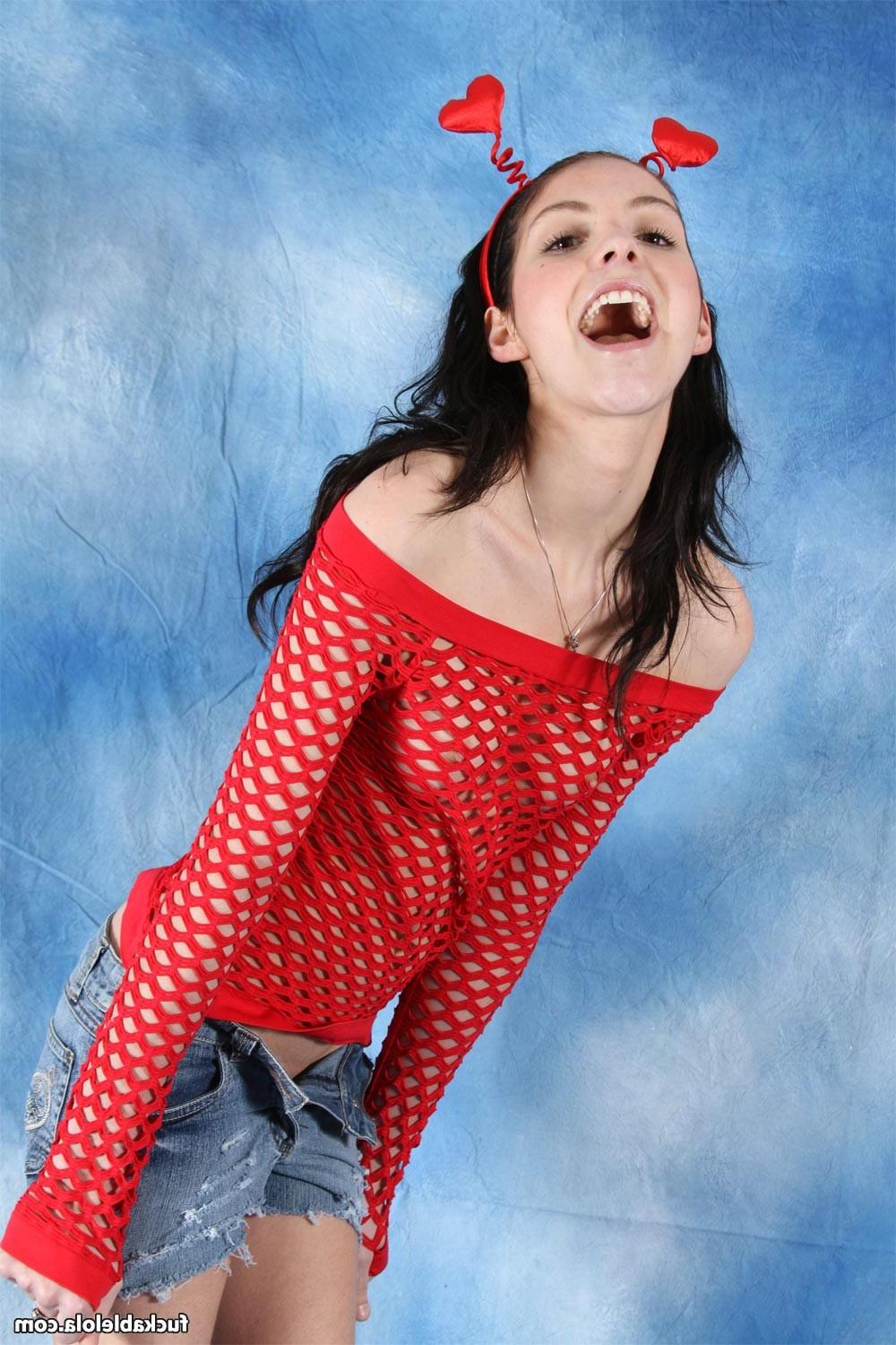 16P Skinny teen with small tits in fishnet shirt