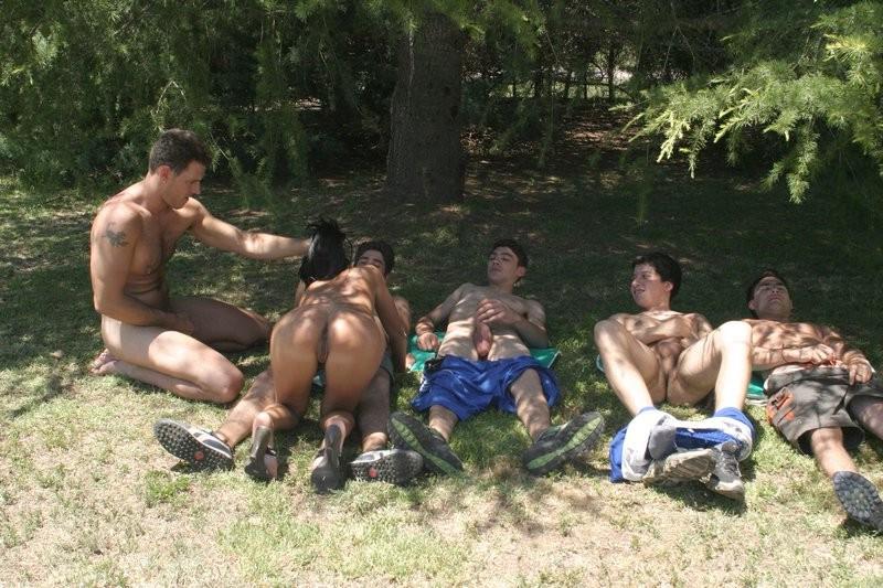 15P Dirty Brunette Babe in Outdoor Gangbang