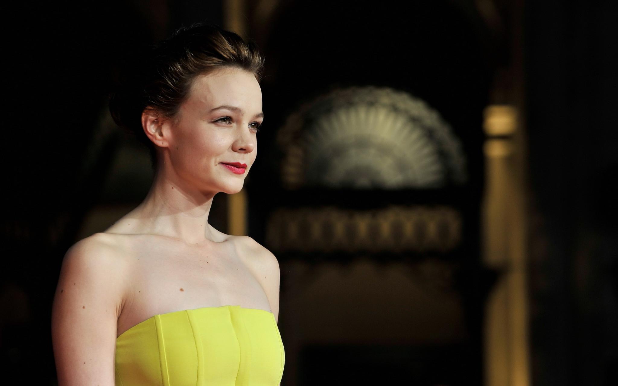 16P Carey Mulligan busty wearing hot yellow strapless dress at the BFI Film Festival