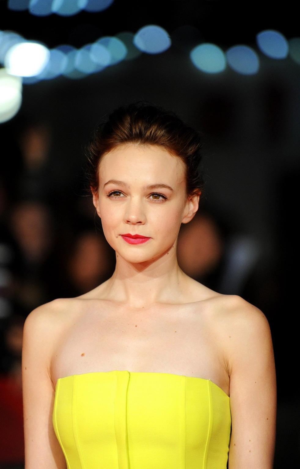 16P Carey Mulligan busty wearing hot yellow strapless dress at the BFI Film Festival