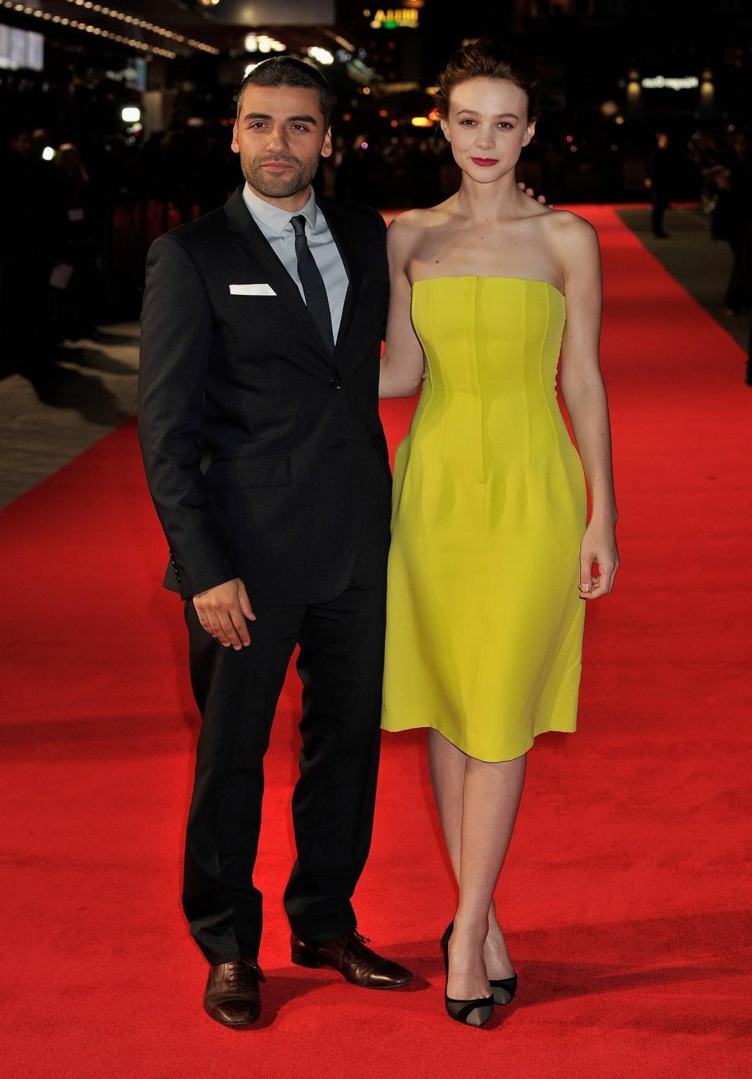 16P Carey Mulligan busty wearing hot yellow strapless dress at the BFI Film Festival