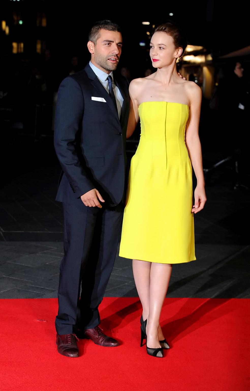 16P Carey Mulligan busty wearing hot yellow strapless dress at the BFI Film Festival