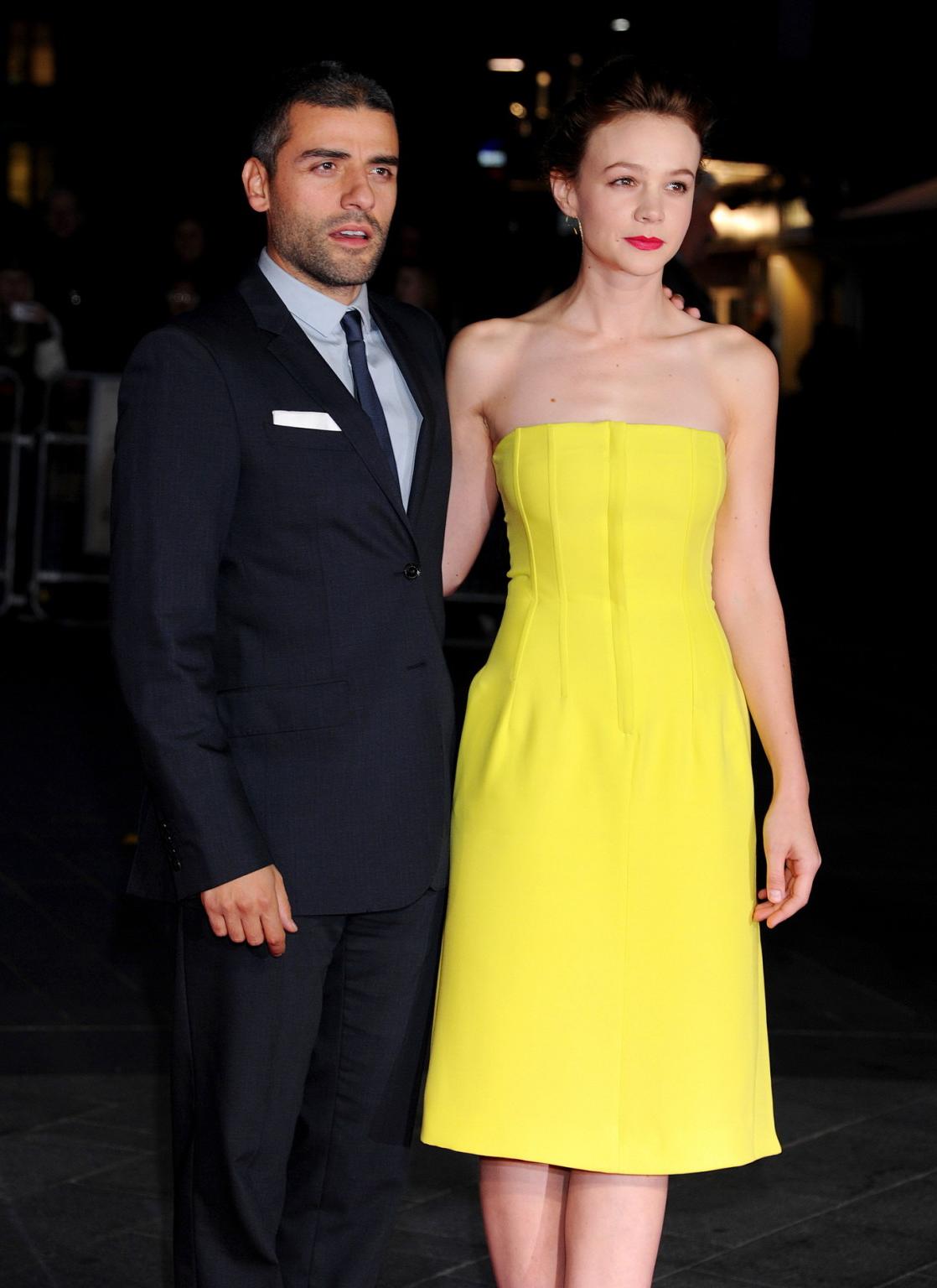 16P Carey Mulligan busty wearing hot yellow strapless dress at the BFI Film Festival