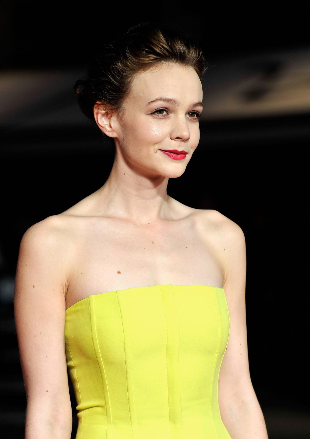 16P Carey Mulligan busty wearing hot yellow strapless dress at the BFI Film Festival