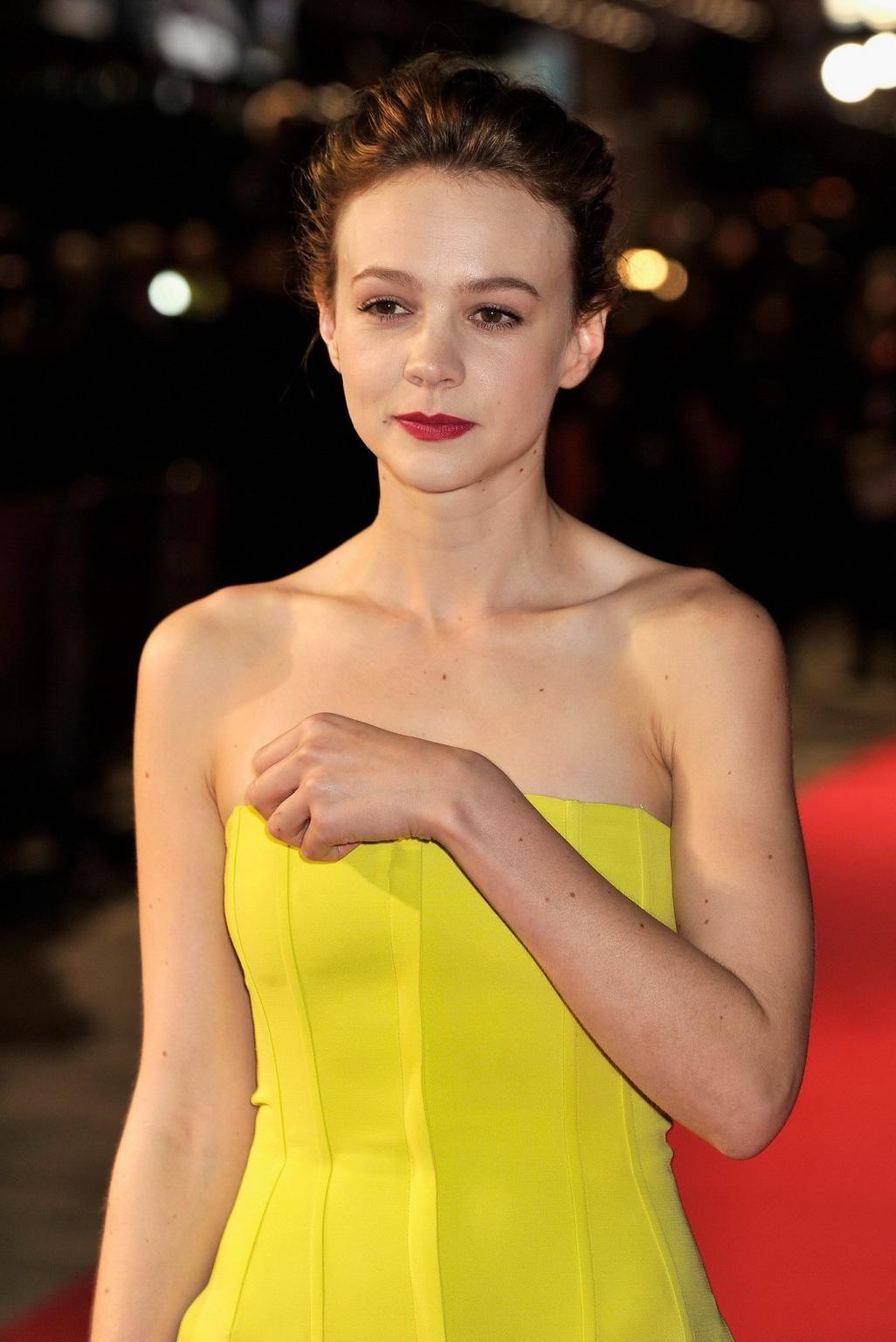 16P Carey Mulligan busty wearing hot yellow strapless dress at the BFI Film Festival