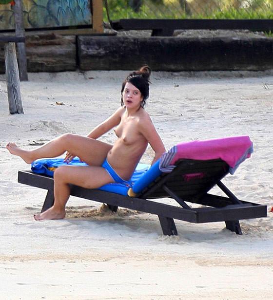 15P Lily Allen nude perky topless on the beach