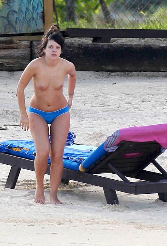 15P Lily Allen nude perky topless on the beach