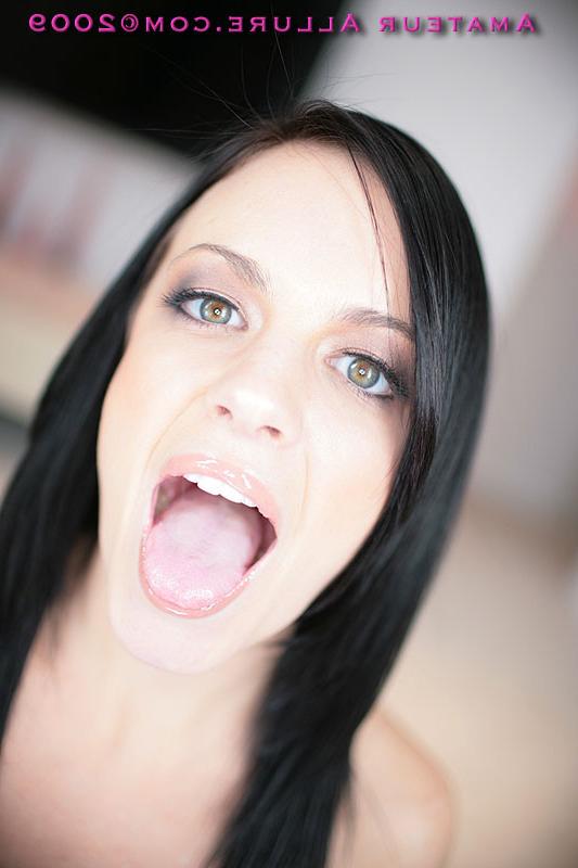 20P Sexy brunette babe deep throats and drains a thick cock