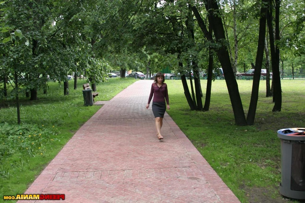 10P Explicit beige lace panties pissing on the bench in the public park