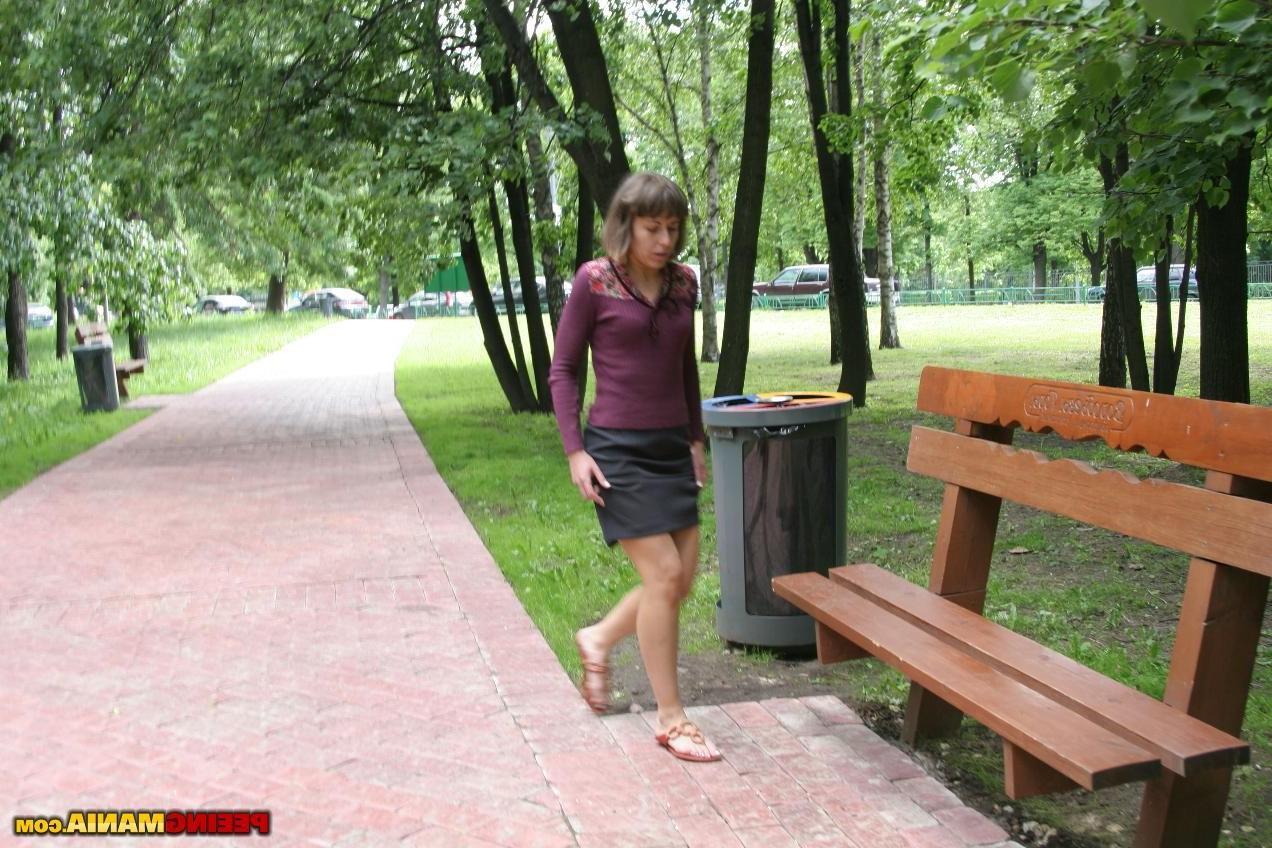10P Explicit beige lace panties pissing on the bench in the public park